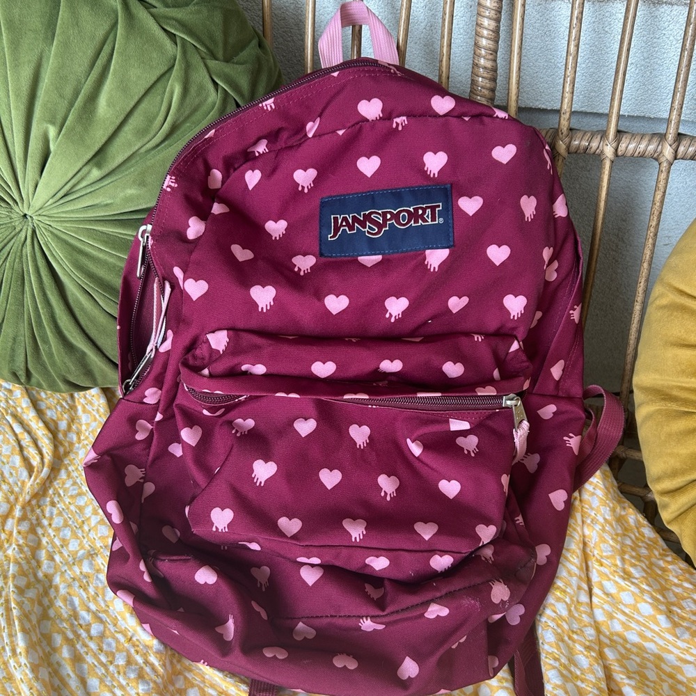 JanSport Burgundy Heart Print Backpack Classic Design